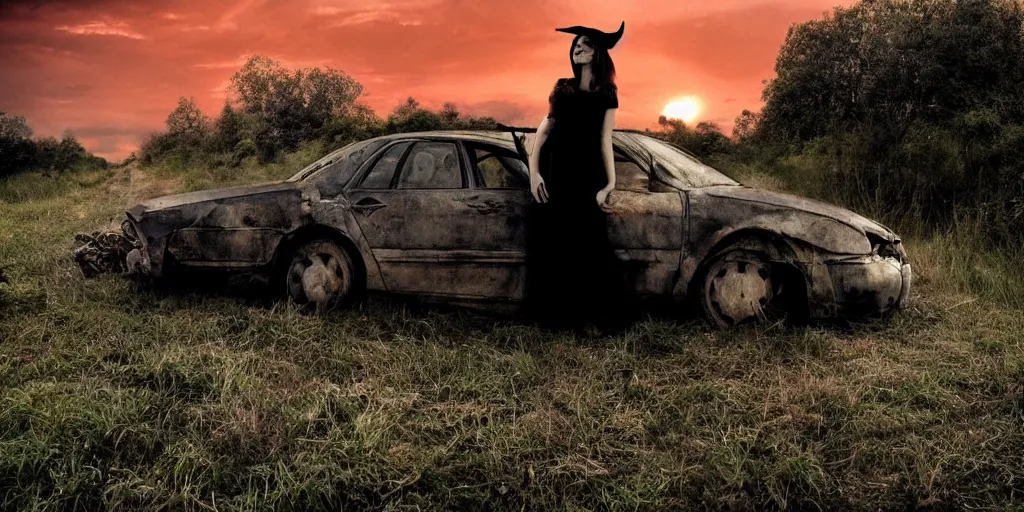 Prompt: a witch next to a broken down car on the side of the road, the sun is setting, magic hour, ominous, scary, evil, photograph by Nick Knight