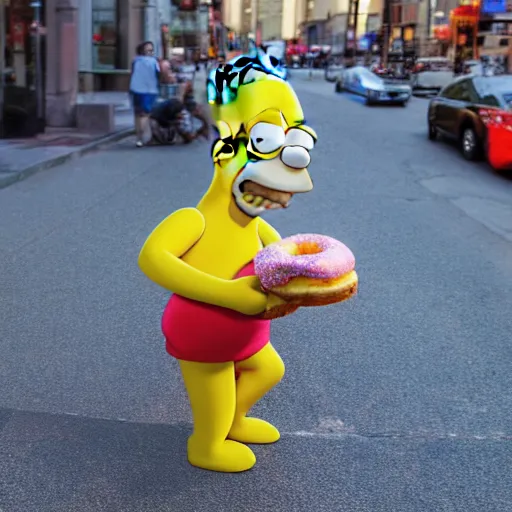 Prompt: Homer Simpson as a real person trying to steal a donut, XF IQ4, f/1.4, ISO 200, 1/160s, 8K, Sense of Depth, color and contrast corrected, Nvidia AI, Dolby Vision, in-frame