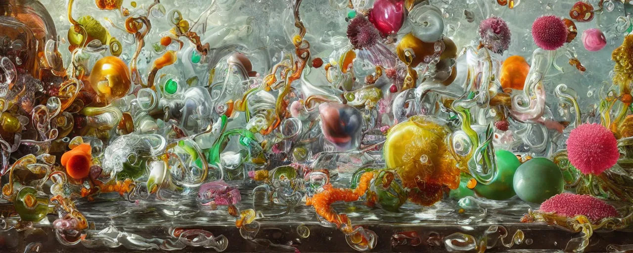 Prompt: ultradetailed photorealistic still life with jelly flowers by ernst haeckel, jan brueghel, james jean and salvador dalí, slime and tentacles, wide angle, minimalistic cinematic composition, octane render, bokeh, unreal engine, 4k, 3d render