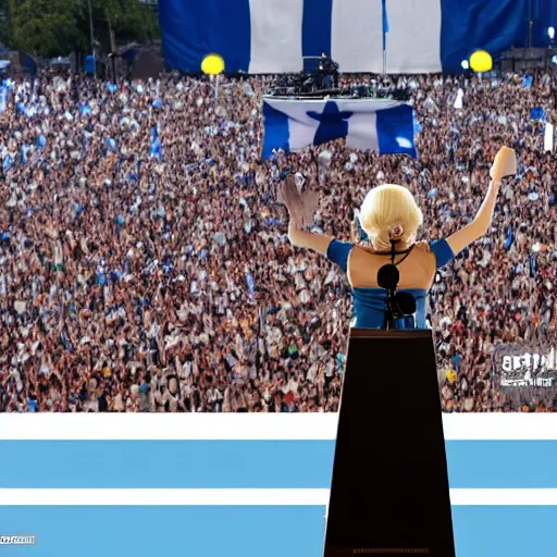 Image similar to Lady Gaga as president, Argentina presidential rally, Argentine flags behind, bokeh, giving a speech, detailed face, Argentina