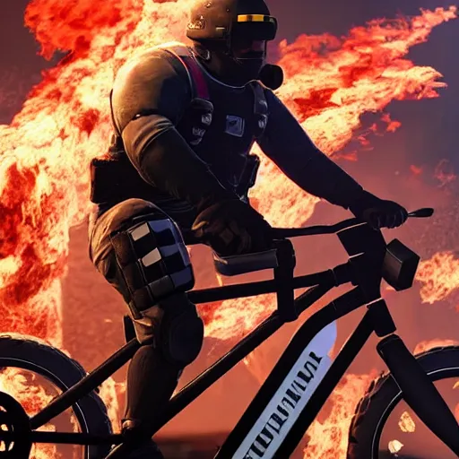 Image similar to Montagne from Rainbow Six Siege riding a bike leaving behind a trail of flames and explosions