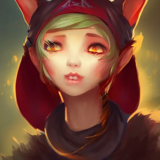 Prompt: Yordle Girl, cleric, red scarf, hatched pointed ears, Gold earring, headshot, concept art, illustration, beautiful, artgerm, trending on artstation, by Anato Finnstark and Randy Vargas