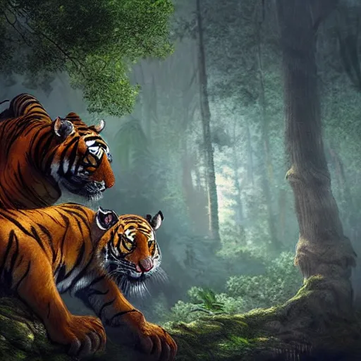 Image similar to a dragon and a tiger hybrid in the forest, dynamic lighting, photorealistic concept art, stunning visuals, creative, cinematic, ultra detailed, best detail