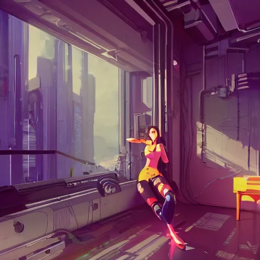 Prompt: a cyborg girl dreaming in cyberpunk apartment, render, octane, 4k, highly detailed, vivid colors, light and shadow, high definition, by James Gilleard and Makoto Shinkai