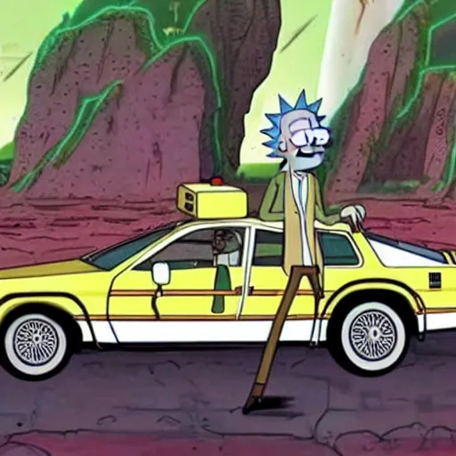 Image similar to rick and morty riding a 1983 DMC DeLorean, high quality