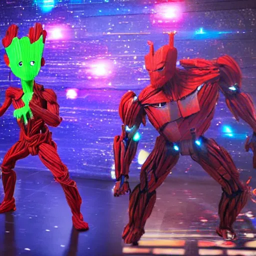 Image similar to groot and optimus prime dancing at techno party among people, wide shoot, after effect ultra realistic 3 d