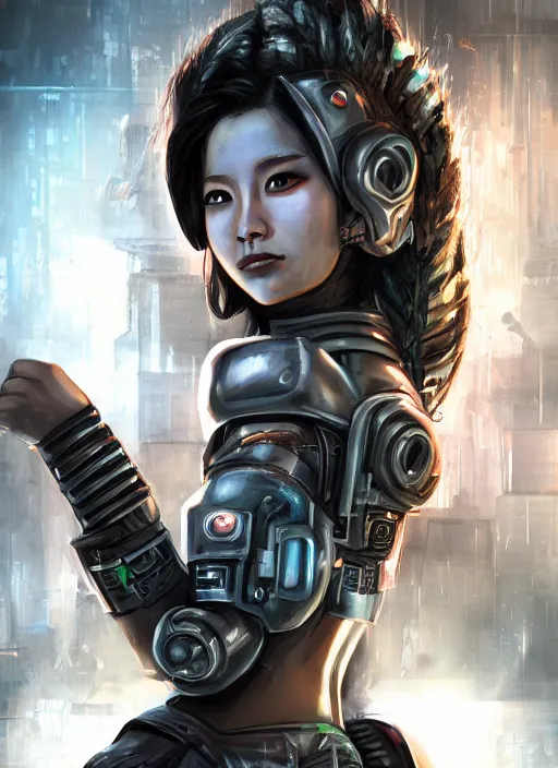 Prompt: An epic fantastic realism comic book style portrait painting of a female cyber warrior, tzuyu from twice, dieselpunk armor, long fluffy hair, porcelain pale skin, cyberpunk color raining tokyo everywhere, Concept world Art, unreal 5, DAZ, hyperrealistic, octane render, cosplay, RPG portrait, dynamic lighting