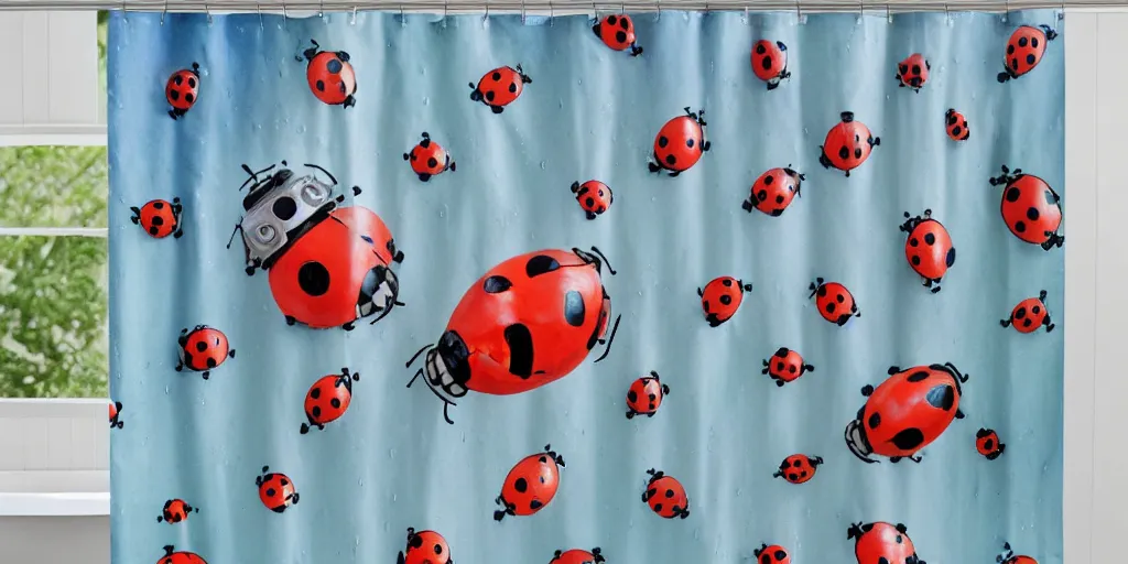 Prompt: shower curtain product catalog. wide - angle photo. on the curtain is a watercolor of the a ladybug robots battling darth vader a sunny day. the water color has ink under drawing. wide - angle product photography of a shower curtain, product lighting. 4 k, highly detailed. saturated.