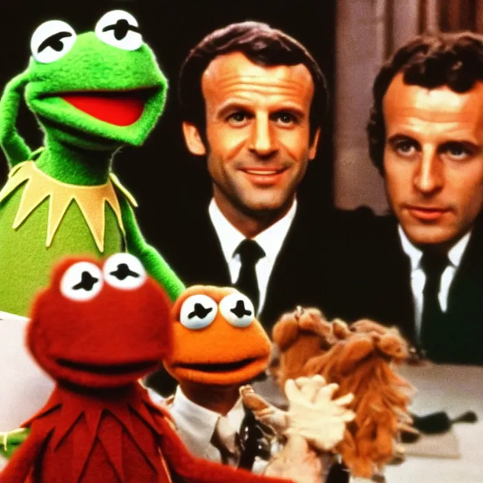 Prompt: 70s movie still of Emmanuel Macron with Kermit in the muppet show, heavy grainy picture cinemastill 800t 18mm, vhs