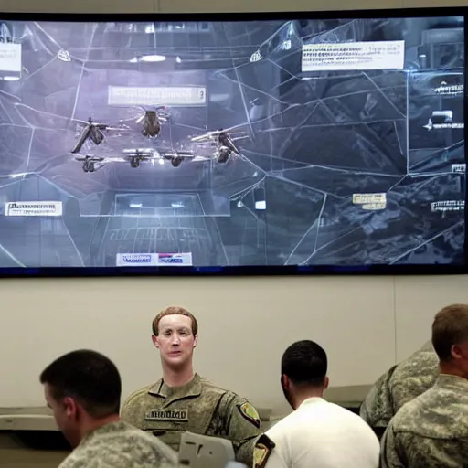 Image similar to mark Zuckerberg controlling a giant military drone from inside a military command center. Images of war on big screens.