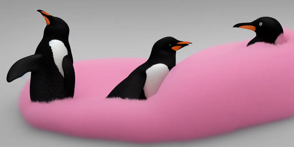 Image similar to realistic penguin sitting in an pink fluffy bed waving, hyper detailed, trending on artstation