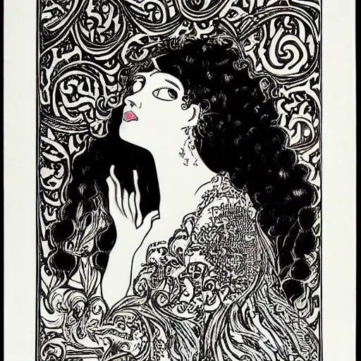 Image similar to filigree detailed illustration of a profile of gypsy girl with long curly hair and big goat horns, aubrey beardsley, woodcut