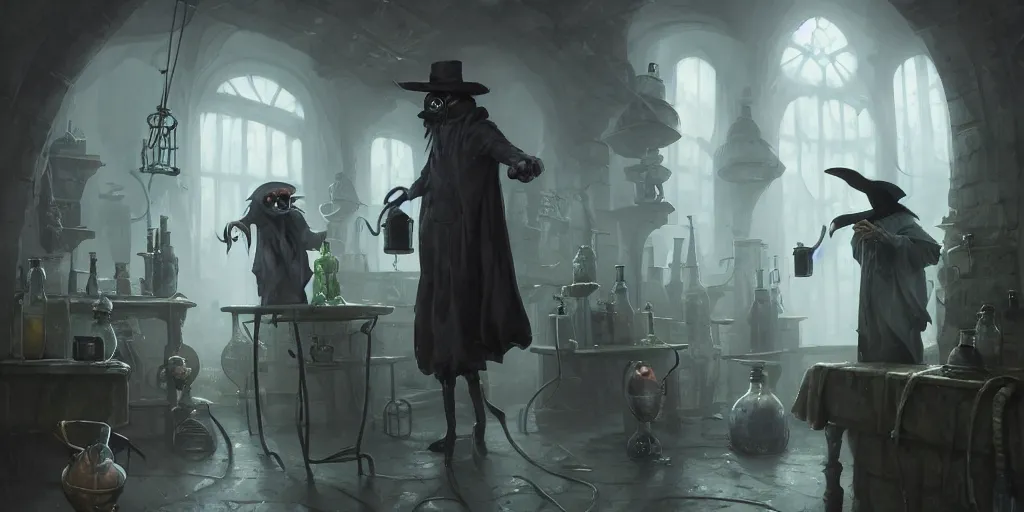 Image similar to a plague doctor and a humanoid rat in a laboratory with lots of flasks filled with magic liquids and poisonous fog, stephen bliss, unreal engine, fantasy art by greg rutkowski, loish, rhads, ferdinand knab, ilya kuvshinov, rossdraws, tom bagshaw, global illumination, radiant soft light, detailed and intricate environment