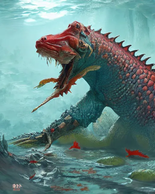 Image similar to game character beautiful giant kaiju sized pond dragon half fish half salamander, wet amphibious skin, red salamander, axolotl creature, koi pond, korean village by Ruan Jia and Gil Elvgren, fullbody