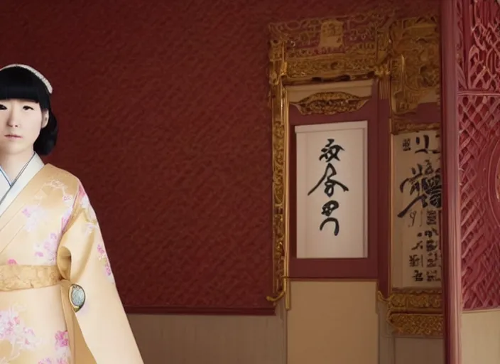 Image similar to a film still of a japanese princess young lady called kamisato ayaka, with white hair and bangs!!!! in the grand budapest hotel ( 2 0 1 4 )