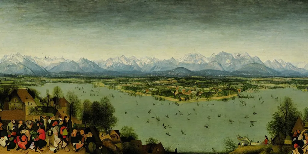 Image similar to the danube with alps in the style of pieter bruegel