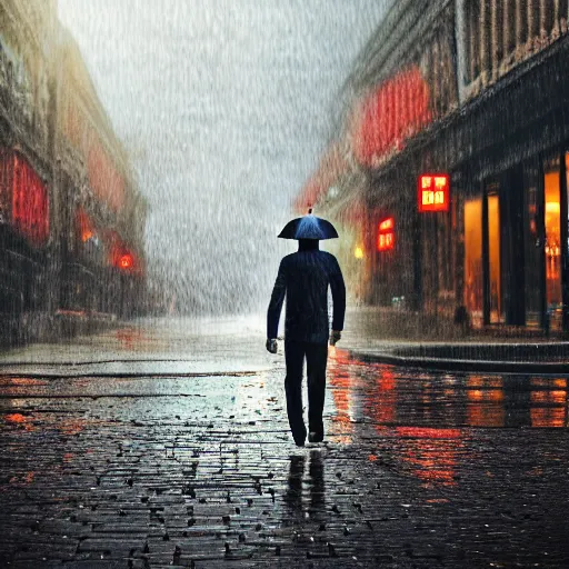 Image similar to lava man walking on a rainy street in a abandoned city, golden hours, heat wave, 4 k photoshop, photorealistic, 1 0 0 m, sharp focus, bokeh