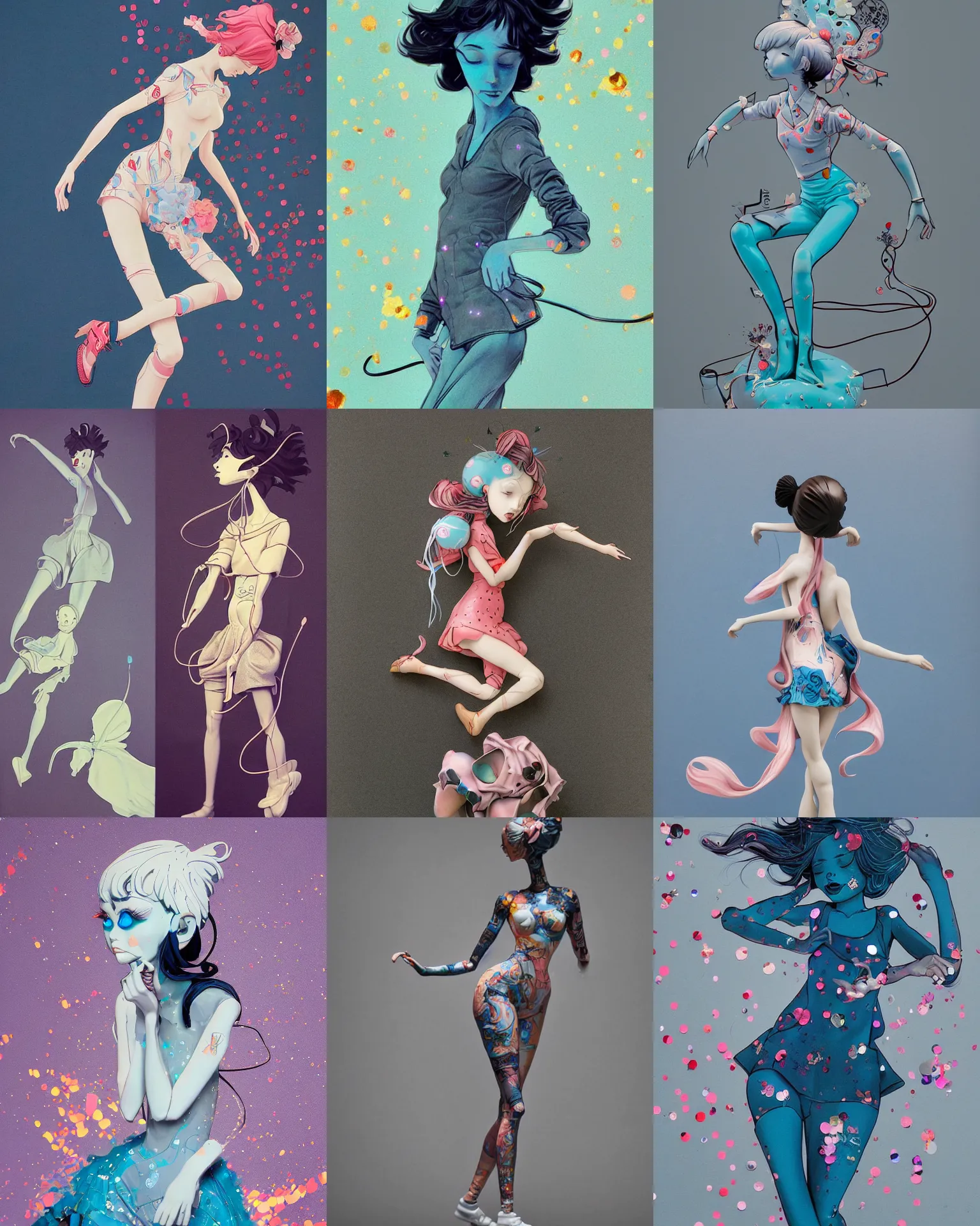 Prompt: james jean isolated vinyl figure cheerful tomboy, figure photography, dynamic pose, interesting color palette aesthetic effects, glitter accents on figure, anime stylized, accurate fictional proportions, high delicate defined details, ethereal lighting