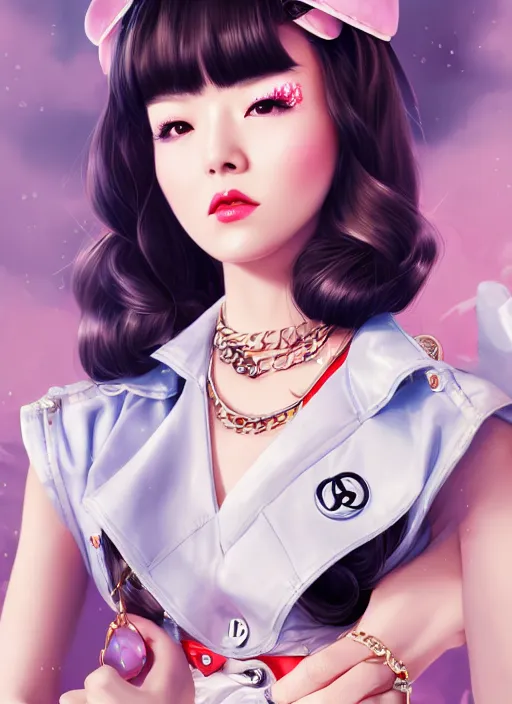 Image similar to a pin up and beautiful fashion dreamlke japan girl with lv jewelry, character art, art by artgerm, wlop, loish, hyperdetailed, 8 k realistic, symmetrical, global illumination, radiant light, frostbite 3 engine, cryengine, dof, trending on artstation, digital art, chanel, dior, detailed background