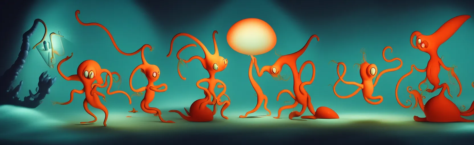 Prompt: whimsical unanny creatures from the depths of imaginal sea, dramatic lighting, surreal fleischer cartoon characters