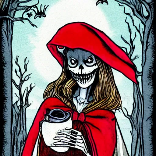 Prompt: haunted fairytale, skeletal little red riding hood having tea with the demon wolf lupus, dramatic tarot card style