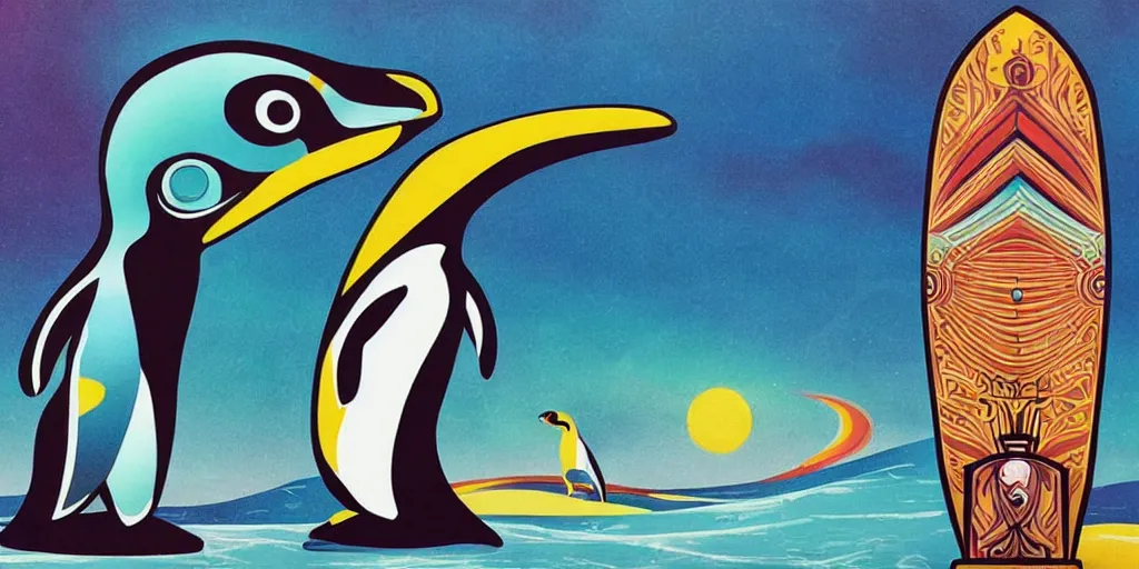 Image similar to a psychedelic surfing penguin, art station, art deco