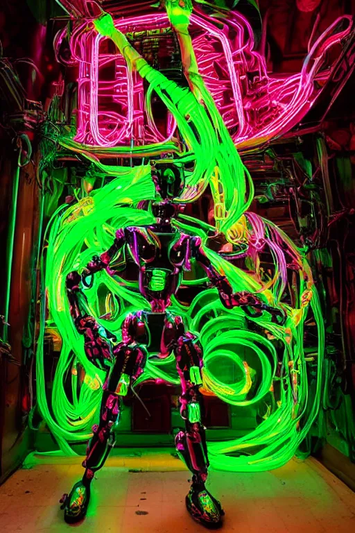 Image similar to full-body rococo and cyberpunk style green neon and ceramic statue of a muscular attractive Spanish robot god humanoid wearing a see-through silk cloak sim roupa, posing like a falling model, suspended from the ceiling with thick neon cables, glowing mint face, crown of red steampunk lasers, emeralds, swirling silver silk fabric. futuristic elements. oozing glowing liquid, full-length view. space robots. human skulls. throne made of bones, intricate artwork by caravaggio. Trending on artstation, octane render, cinematic lighting from the right, hyper realism, octane render, 8k, depth of field, 3D