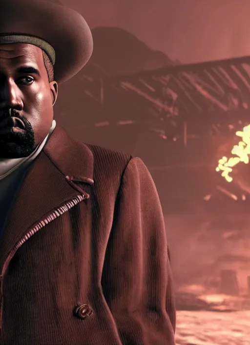Image similar to Kanye West as willy wonka in fallout new vegas, splash art, movie still, cinematic lighting, dramatic, octane render, long lens, shallow depth of field, bokeh, anamorphic lens flare, 8k, hyper detailed, 35mm film grain