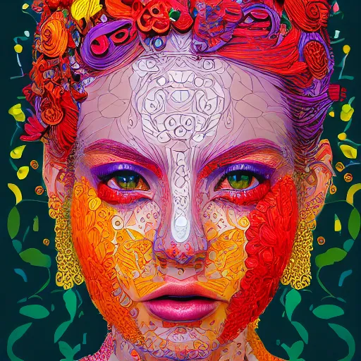 Image similar to the portrait of a beautiful young woman partially made up of peppers of all colors, an ultrafine detailed illustration by james jean, intricate linework, bright colors, final fantasy, behance contest winner, vanitas, angular, altermodern, unreal engine 5 highly rendered, global illumination, radiant light, detailed and intricate environment