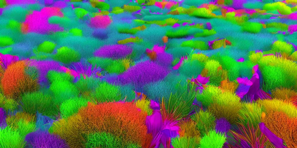 Image similar to color aberration meadows with various types of plants made out of alien materials, abstract, high saturation, colorful, psychedelic, 4k, octane render, trending on artstation
