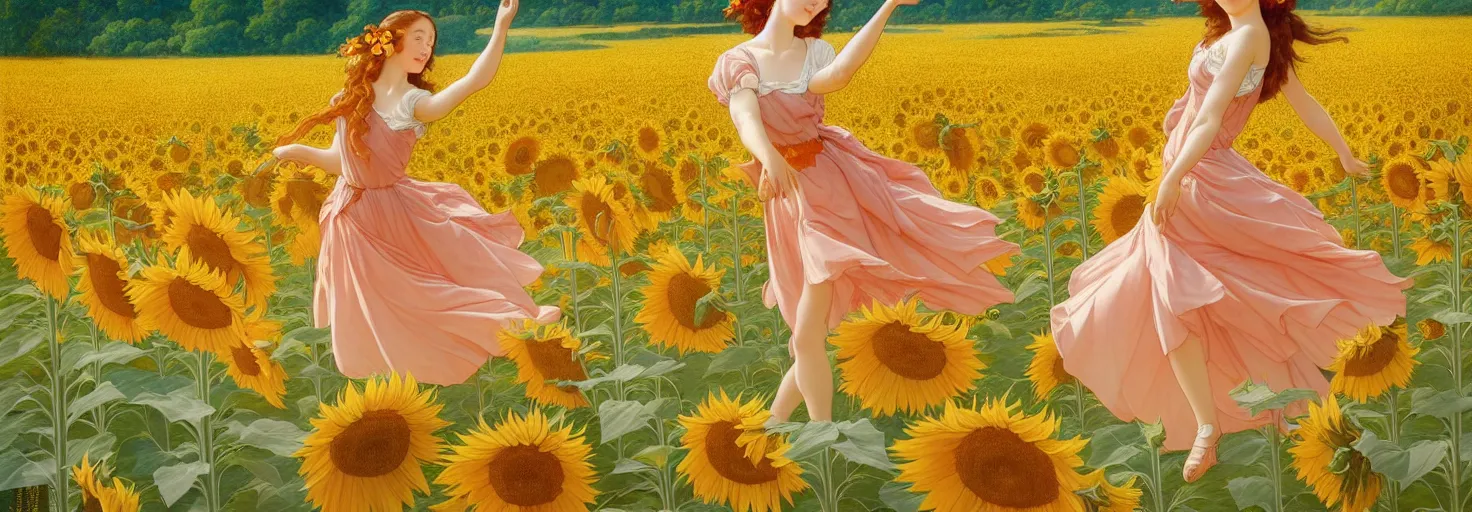 Image similar to beautiful young girl dancing in a fiery dress in a beautiful field of sunflowers and lilies, like leonardo da vinci sketches! in the style of studio ghibli, j. c. leyendecker, greg rutkowski, artgerm