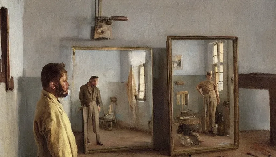 Prompt: painting by borremans, man back standing in front on the mirror and his back in the mirror with small village house and tiny modern car, detailed, stunning