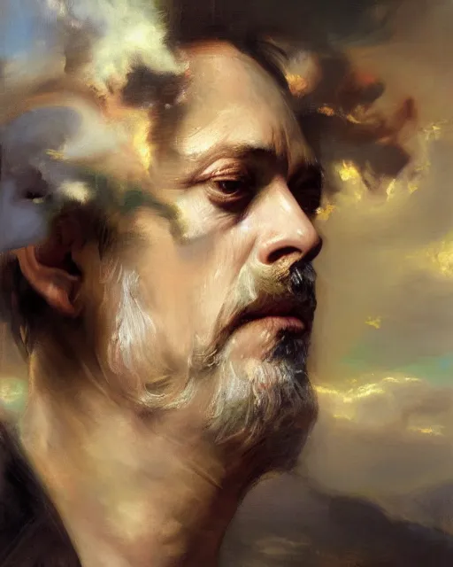 Image similar to beautiful detailed expressive impressionistic oil painting portrait of ancient roman god emperor steve buscemi ascending into the clouds wearing the civic crown, renaissance painting, art by anders zorn, wonderful masterpiece by greg rutkowski, expressive brush strokes, beautiful cinematic light, american romanticism by greg manchess, jessica rossier