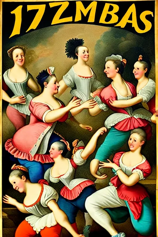 Image similar to 1700s zumba fitness art poster