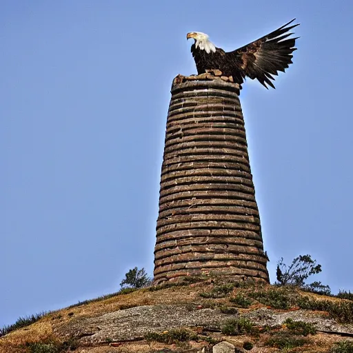 Image similar to eagle sitting on top of zimbabwe conical tower ruins, wide angle