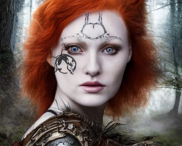 Image similar to 5 5 mm portrait photo of an armored gorgeous anesthetic redhead woman warrior with a face tattoo and sheep horns growing from her head, in a magical forest in the style of stefan kostic, art by luis royo. highly detailed 8 k. intricate. lifelike. soft light. nikon d 8 5 0. cinematic post - processing