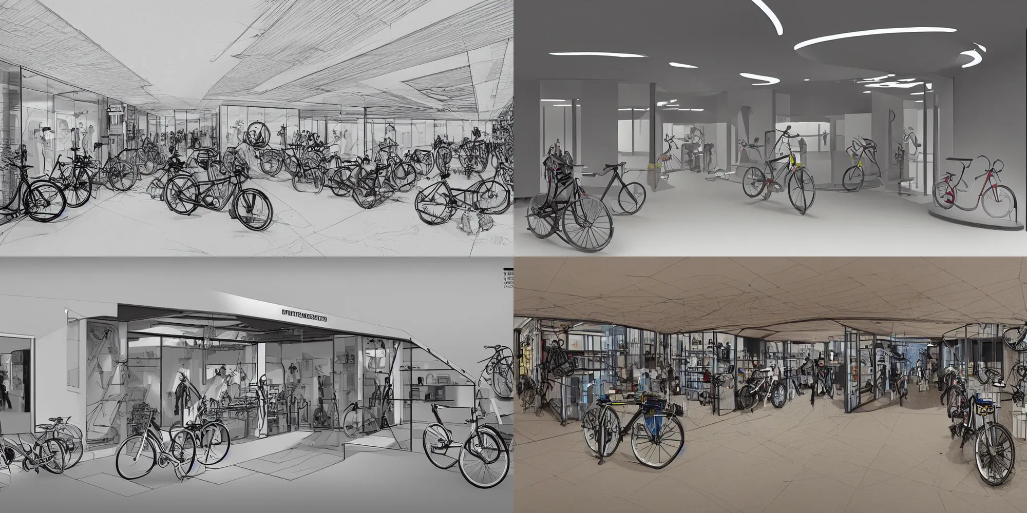 Prompt: futuristic bike shop, architectural plan, concept art, swiss style