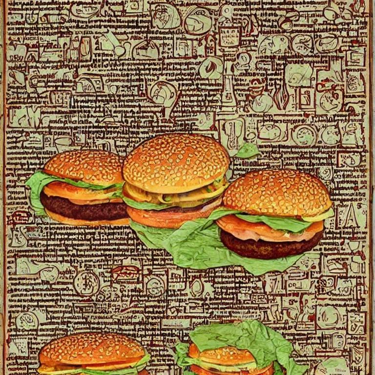 Image similar to ( ( ( ( illustrated recipe for a bigmac hamburger ) ) ) ) lot of medieval enluminures in the background explaining the recipe, schematic in a notebook