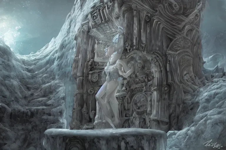 Image similar to a female goddess carved into a giant block of ice in an extradimensional realm, a shrine to worship her at, intricately detailed, physically based rendering, realistic, in the style of artgerm, illustration, epic, fantasy, hyper detailed, artstation, smooth, sharp focus, ray tracing