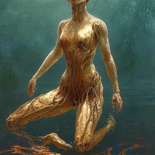 Image similar to a photograph of a create made out of a humanoid nervous system submerged and rusted in the water, cinematic, volumetric lighting, f 8 aperture, cinematic eastman 5 3 8 4 film, photorealistic by greg rutkowski, by stanley artgerm, by alphonse mucha