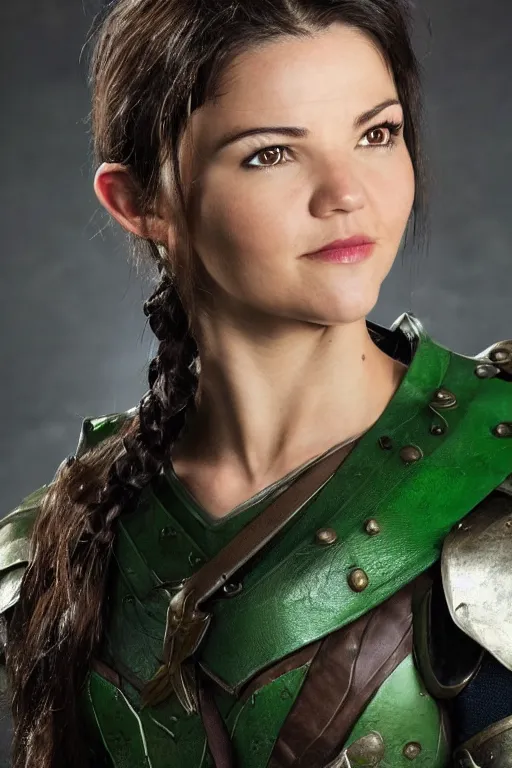 Prompt: fantasy character photo. female ranger. danielle campbell. manic grin, facial expression of obsessive love. tall, lanky, athletic, wiry. brown & dark forestgreen leather armor. small tilted lightgreen feathered cap worn at jaunty angle. black hair in ponytail. bright blue eyes. consulting in secret with an unseen, shadowy informant