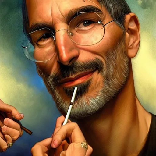 Prompt: Portrait of steve jobs and tupac smoking pot in heaven, intricate, highly detailed, digital painting, artstation, concept art, smooth, sharp focus, art by artgerm and greg rutkowski and alphonse mucha