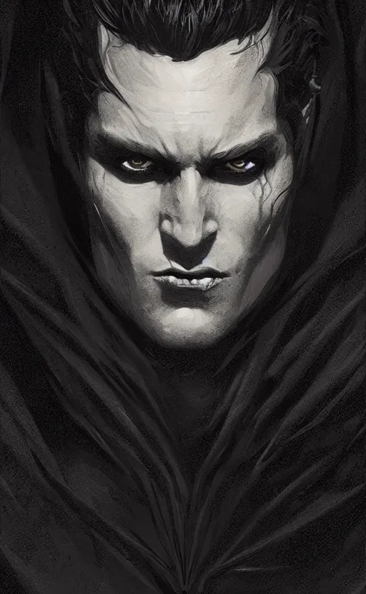 Image similar to Portrait of batman in a black cloak, black hair, glowing eyes, male, detailed face, fantasy, highly detailed, cinematic lighting, digital art painting by greg rutkowski