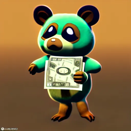 Image similar to tom nook crying, holding bags of money, 3 d model, unreal engine, hyper detailed, video game art, concept art, artstation