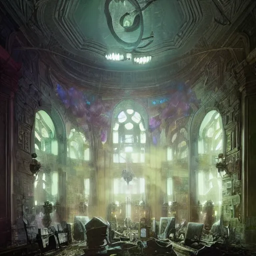 Prompt: eldritch legislature, fantasy, realistic colorful photography, interior, hyperrealism, incredible, award - winning photography, regal, rich colors, by greg rutkowski, lovecraftian, purple hues