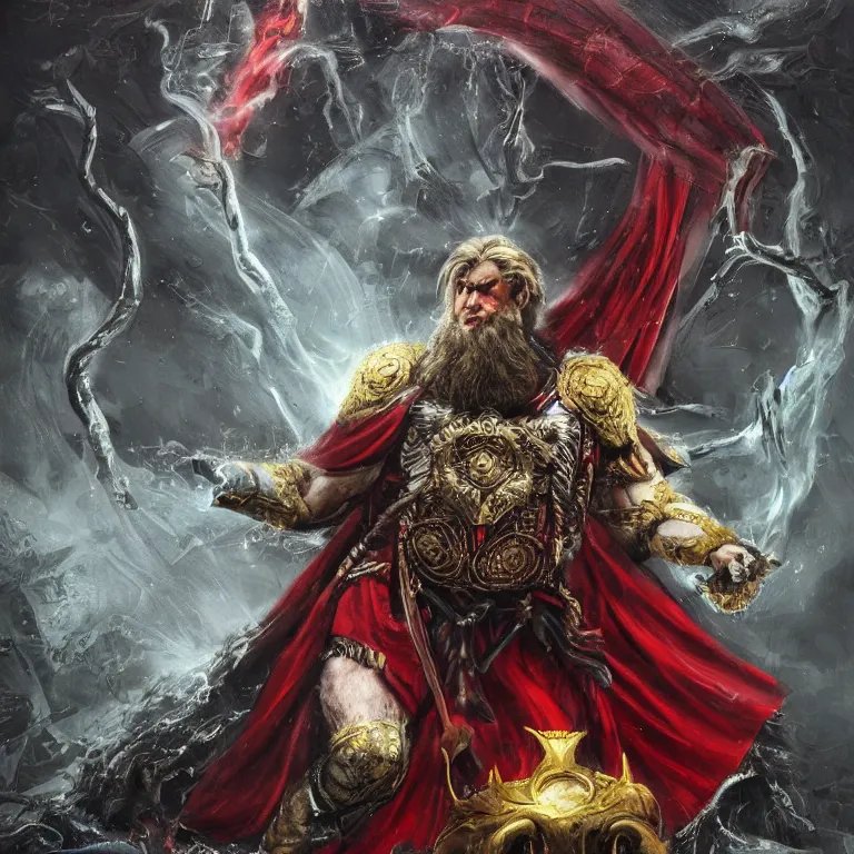 Prompt: mythological Odin all father, with dark red cape, god of thunder and artificial intelligence creating an artificial neural network with dark yellow synapses on an anvil, high resolution, award winning art, trending on art station, sharp image, incredibly detailed, odin all father detailed character realistic painting, dark background