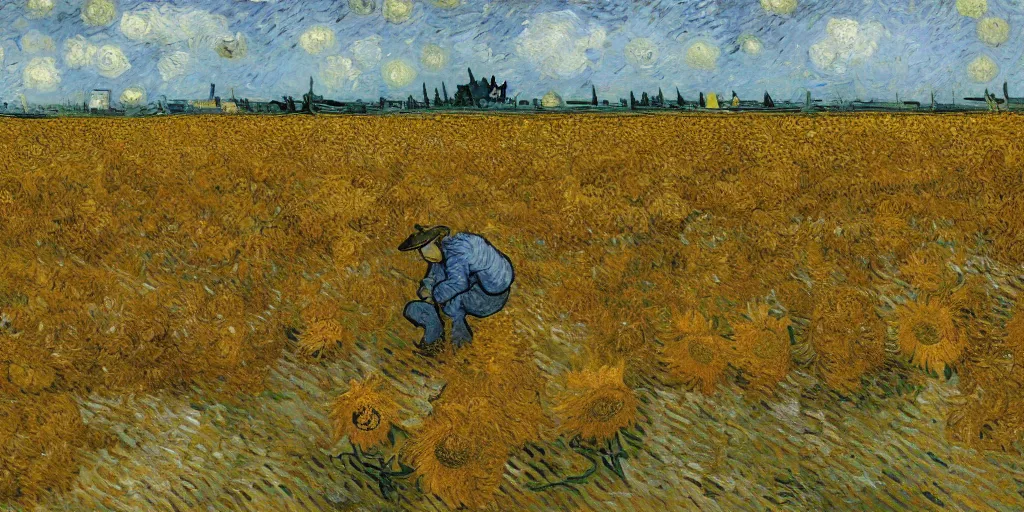 Image similar to an oil painting of van gogh is painting in a sunflower filed, by van gogh