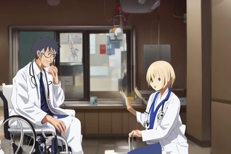 Image similar to a cute young female doctor wearing white coat are serving an old man in a wheelchair in a hospital ward, slice of life anime, cinematic, realistic, anime scenery by Makoto shinkai