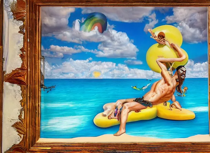 Prompt: 🏖🌊🏄♂🌈, lowbrow, 3 - d highly detailed, in the style of, salvador dali,