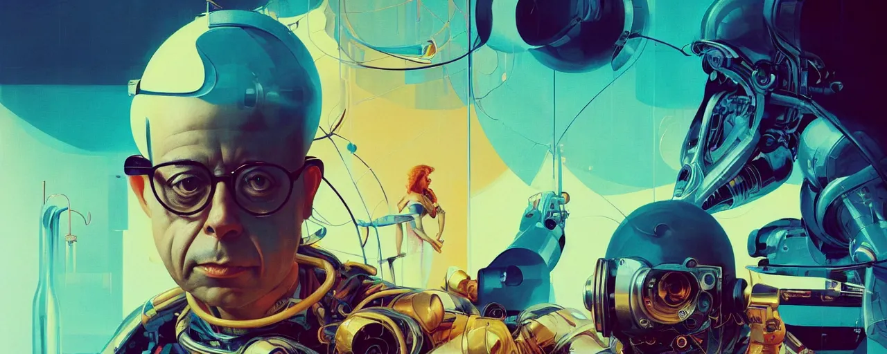 Image similar to duotone concept illustration 3 / 4 portrait of science fiction author stanislaw lem as 1 9 6 0 s retrofuturistic cyborg. cinematic volumentric lighting. golden ratio accidental renaissance. by sachin teng and sergey kolesov and ruan jia and heng z. graffiti art, scifi, fantasy, hyper detailed. octane render. concept art. trending on artstation